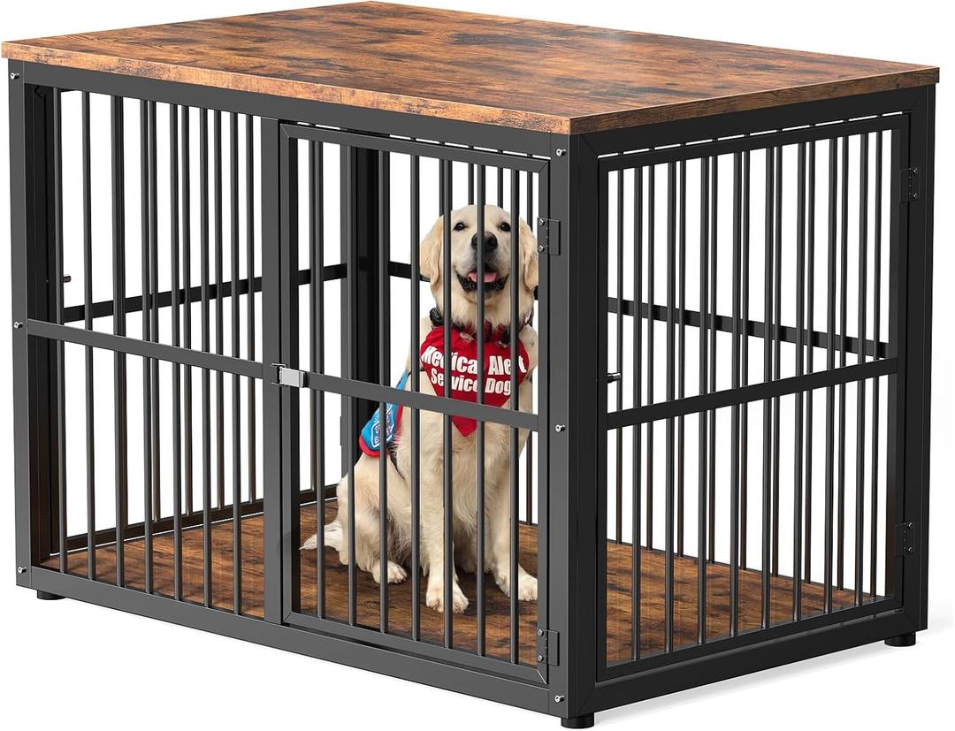 Lyromix 43'' Dog Crate Furniture with 3 Doors, XL Wooden Crate End Table Heavy Duty Indoor Puppy Cage for Medium to Large Dogs, Multiple Units Can be Combined (Brown)