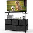 DUMOS TV Stand Dresser with 5 Fabric Storage Drawers, Media Console Featuring Open Shelf for 45 inch TV, Compact Entertainment Unit for Bedroom, Living Space, or Dorm Organization, Black