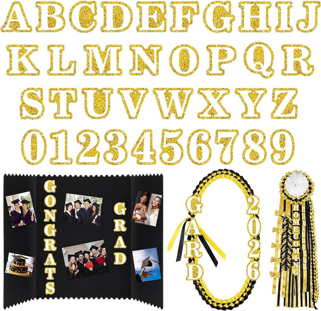 72 Pcs Glitter 2026 Graduation Letters Numbers Cardstock Shiny Crafts Alphabet with Adhesive Dots for Graduation Trifold Photo Board Grad Leis Homecoming Mums DIY Supplies(White Gold)