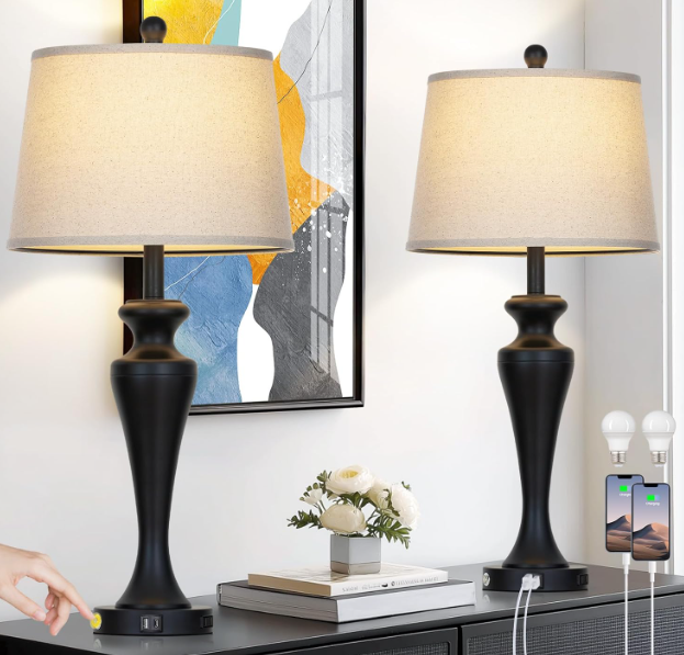 30" Black Table Lamps Set of 2, Touch Control Tall Living Room Lamp with USB A+C Ports and AC Outlet, 3-Way Dimmable Bedside Lamps for Nightstand, Modern Metal Bedroom Lamp, 2 Bulbs Included