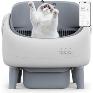 Open-Top Self Cleaning Litter Box, Automatic Cat Litter Box for Multiple Cats, APP Control, Safety Protection, Includes Trash Bags, White/Grey