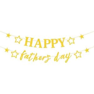 Pack of 2 Happy Father's Day Glitter Black Beer Bunting Banner for Dad Father's Party Decorations Backdrop Garland for Father's Day (Gold Star Hollow-Out)