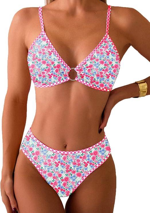 Fanuerg Women's Triangle Bikini Sets O Ring Linked Two Piece Swimsuits Floral Printed Cheeky Bathing Suit (Medium)