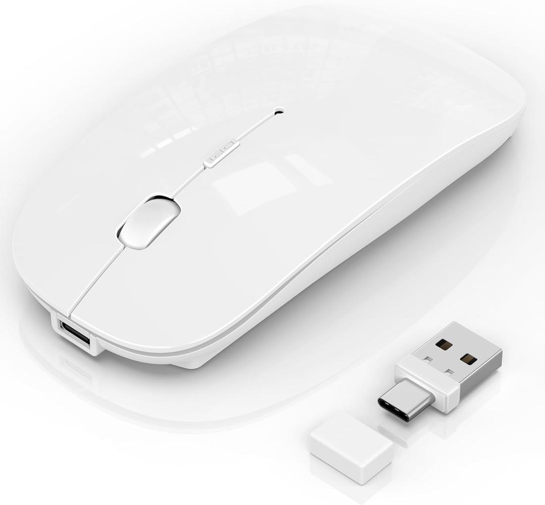Wireless Mouse for Laptop/MacBook Air/Pro & iPad, Mouse Jiggler Mode Bluetooth 5.2/2.4G Rechargeable Silent Click 3-Level DPI Slim Portable USB-A&C Receiver (Mouse Jiggler Mode, White)