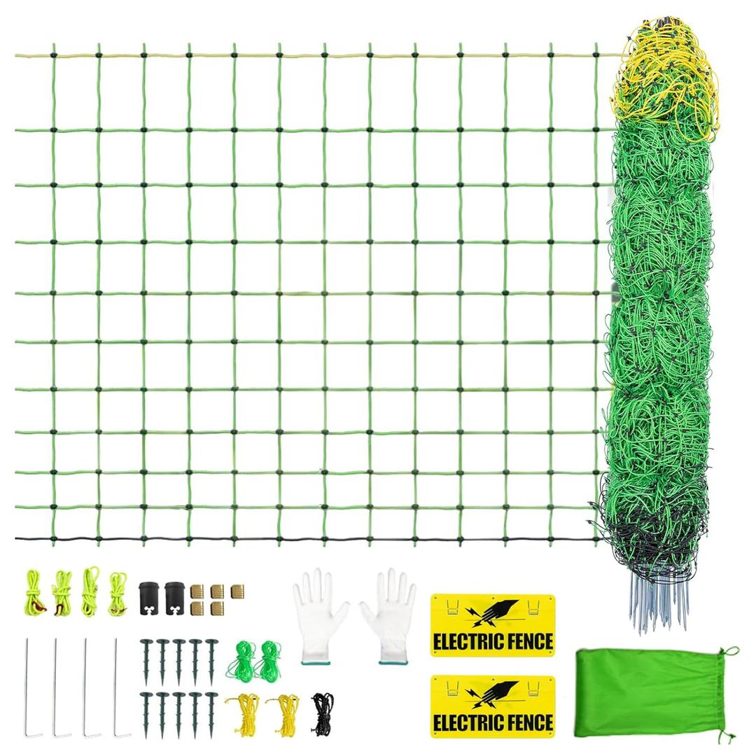 Electric Fence Netting,164'Lx49.6"H, Electric Poultry Netting with 14 Double Barbed Poles, Suitable for Pigs, Cows, Sheep and Other Large Animals, Portable Electric Fence for Farms, Ranches, Backyards