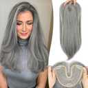 Eawwii Ash Gray Synthetic Hair Toppers for Women with Thinning 5x6 inch Large Base Coverage Clip in Wispy Bangs Upgraded Adjustable Bandage 18 Inch Long Layered