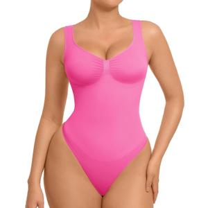 FeelinGirl Shapewear Bodysuits for Women Tummy Control Thong Seamless V Neck Compression Body Suits Corset Top (3X-Large, Pink)