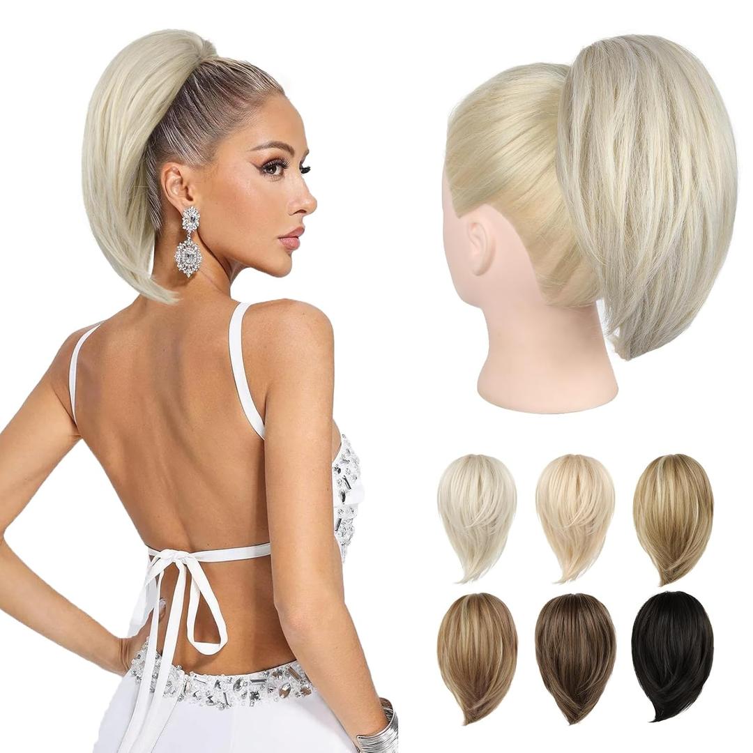 Ponytail Extension - 10" Short Claw Clip in Ponytail Hair Extensions Messy Bun Hair Piece Natural Soft Synthetic Straight Pony Tail Hair Pieces for Women - Pearl Blonde
