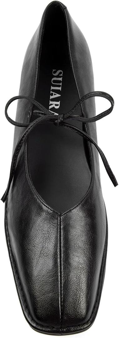 Lace up Ballet Flats Women Square Toe Mary Jane Flats Bow Slip On Comfortable Ballerina Shoes (7, Black)