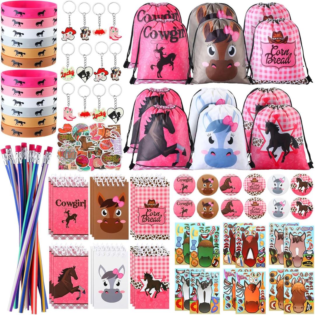 Liliful 140 Pcs Cowgirl Party Favors Horse Themed Party Supplies Include Cowgirl Drawstring Bag Keychain Rubber Wristbands Badges Puzzle Stickers Pink Notepads Pencils for Disco Western Birthday