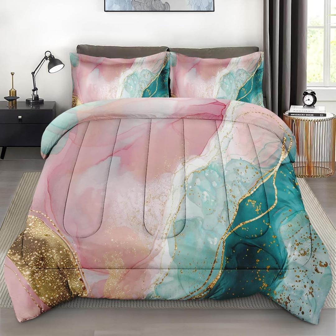 Comforter Set with 2 Pillowcases Queen Size, Pink Teal Gold Marble, Bed Decor Turquoise Rose Dye Abstract for Kids and Adults, Soft Cozy Bedroom Bedding Set