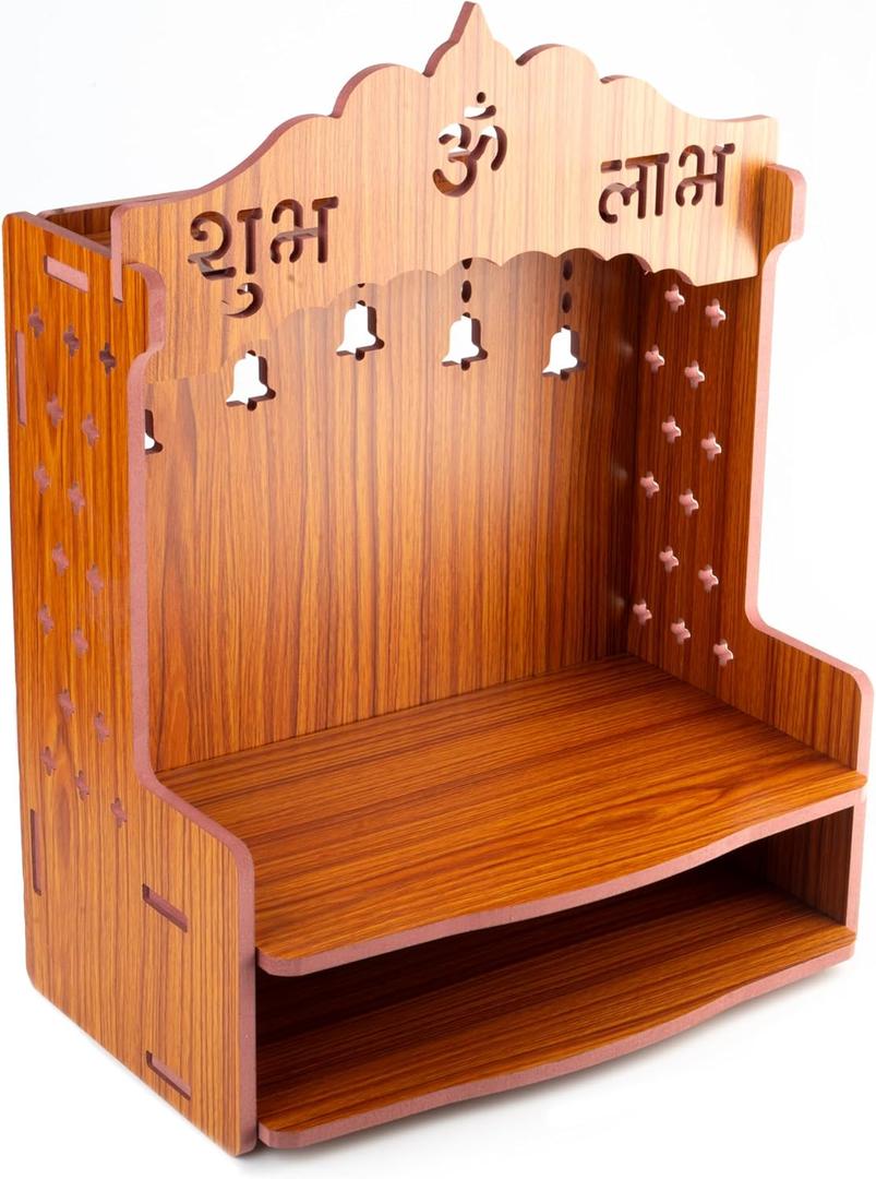 Wooden Wall Mounted Hanging Table top Temple Pooja Mandir God Stand Shelf for Storage and Idols Decoration for Home Office and Gifting (Brown- Design 3)