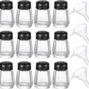 Potchen 12 Pcs Cube Shape Mini Salt and Pepper Shakers Bulk 0.5 oz Small Cube Glass Spice Shaker with Plastic Mini Funnels for Wedding Kitchen Restaurant Travel Camp Party (Black)