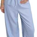 Women's Striped Print Straight Wide Leg Linen Pants Drawstring Waist Slant Pockets Pants Casual Long Pants (X-Large)