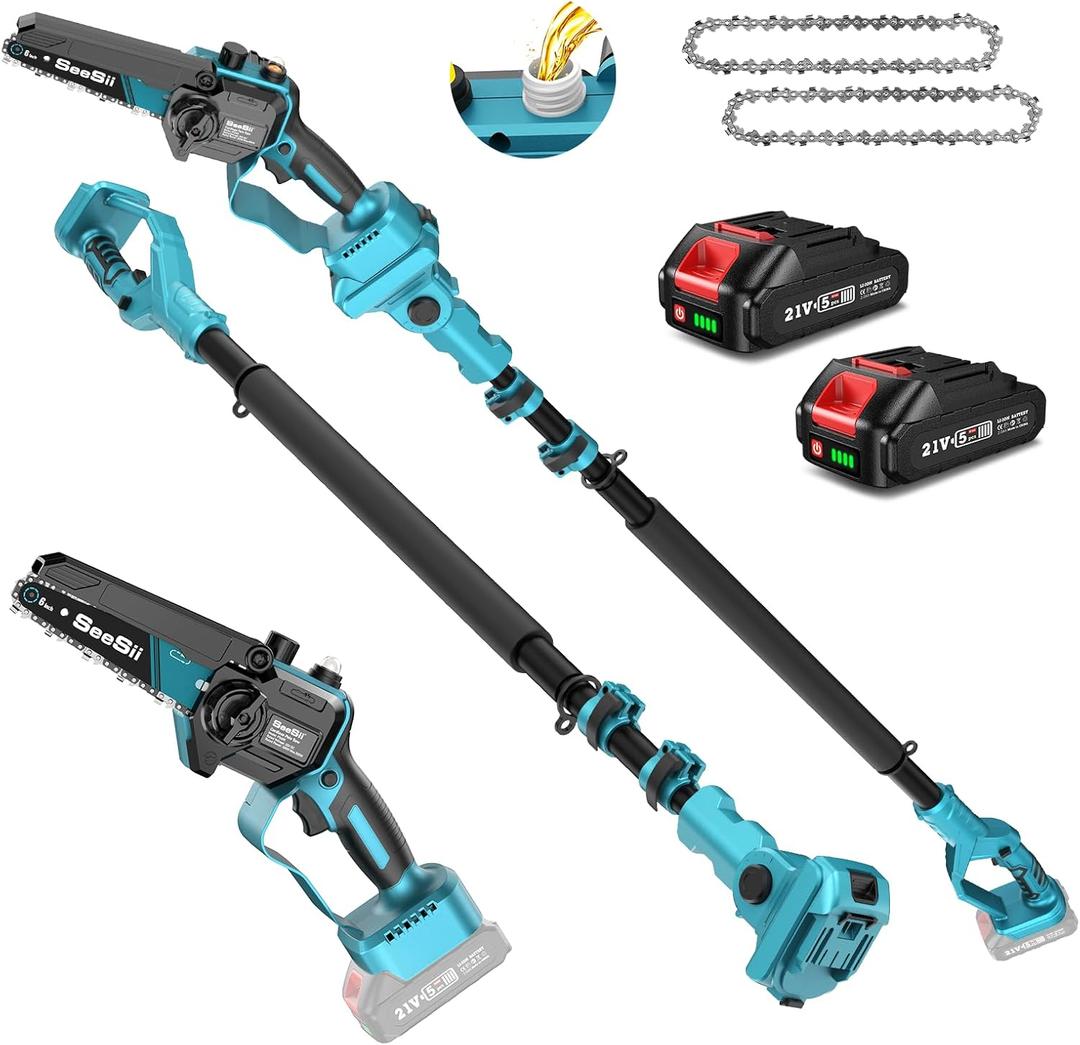 SEESII PS600 2-in-1 Electric Pole Saws for Tree Trimming, 6 Inch Mini Chainsaw Cordless with Extension Pole, Battery Powered Pole Chain Saw, Tree Trimmer Limb Branch Cutter Pruner with 2 Battery