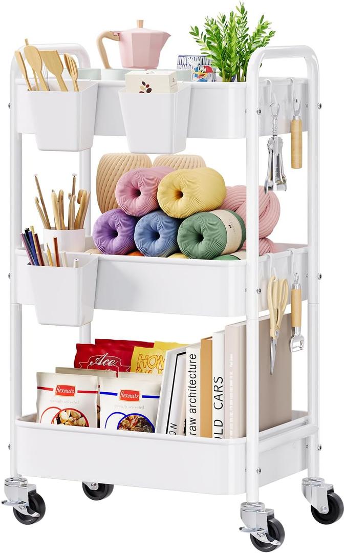 3 Tier Rolling Cart Metal with Wheels, White Three Tiered Craft Cart Organizer on Wheels, Storage Utility Carts for Art, Baby Nursery, Diaper Caddy, Cleaning Supplies, Nail, Lash, Snack, Book, Roller Shelf