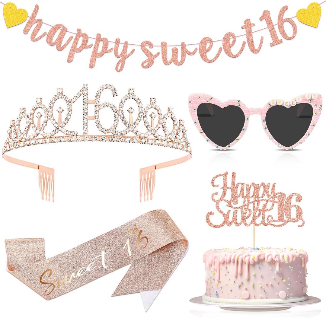 JaGely 5 Pcs Rose Gold Sweet 16 Birthday Decorations Include Sweet 16 Crown Tiara and Sash, Heart Sunglasses, Glitter Happy Banner and Cake Topper for 16th Birthday Party Accessories Supplies