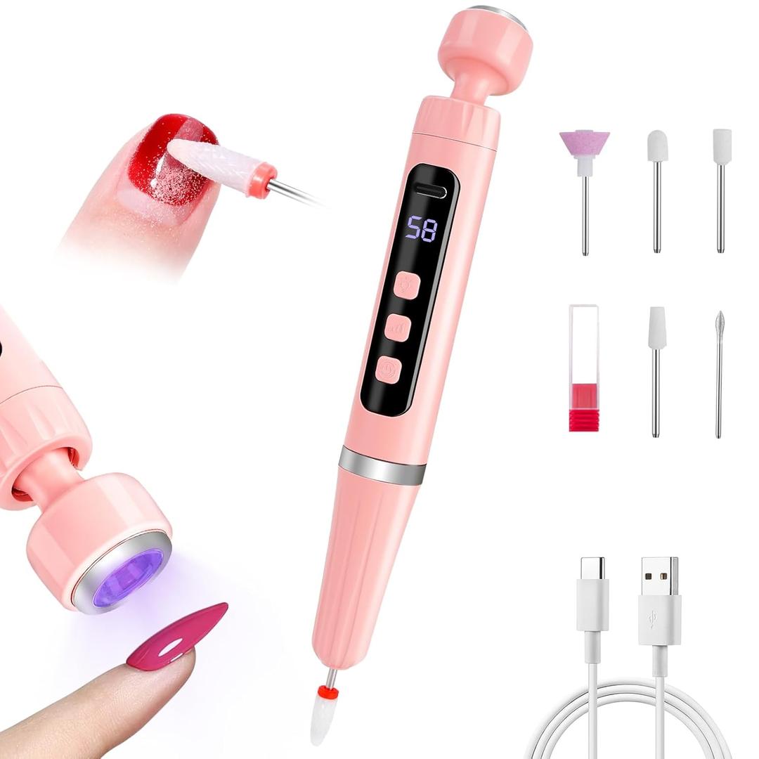 Nail Drill UV LED Cordless Nail Drill Pen for Home DIY Manicure Pedicure Rechargeable, Portable, Multi Function Nail File Kit (Pink)