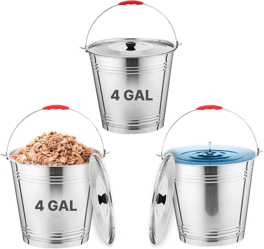 Skywin Metal Can with Lid - Durable 4 Gallon Metal Bucket with Lid for Heavy Loads - Environment-Friendly Trash Can for Outdoor, Safe Alternative to Plastic (3 Pack) (EXP 07/07/26)