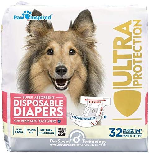 Paw Inspired 32ct Disposable Dog Diapers | Female Dog Diapers Ultra Protection | Diapers for Dogs in Heat, Excitable Urination, or Incontinence (Medium Plus)
