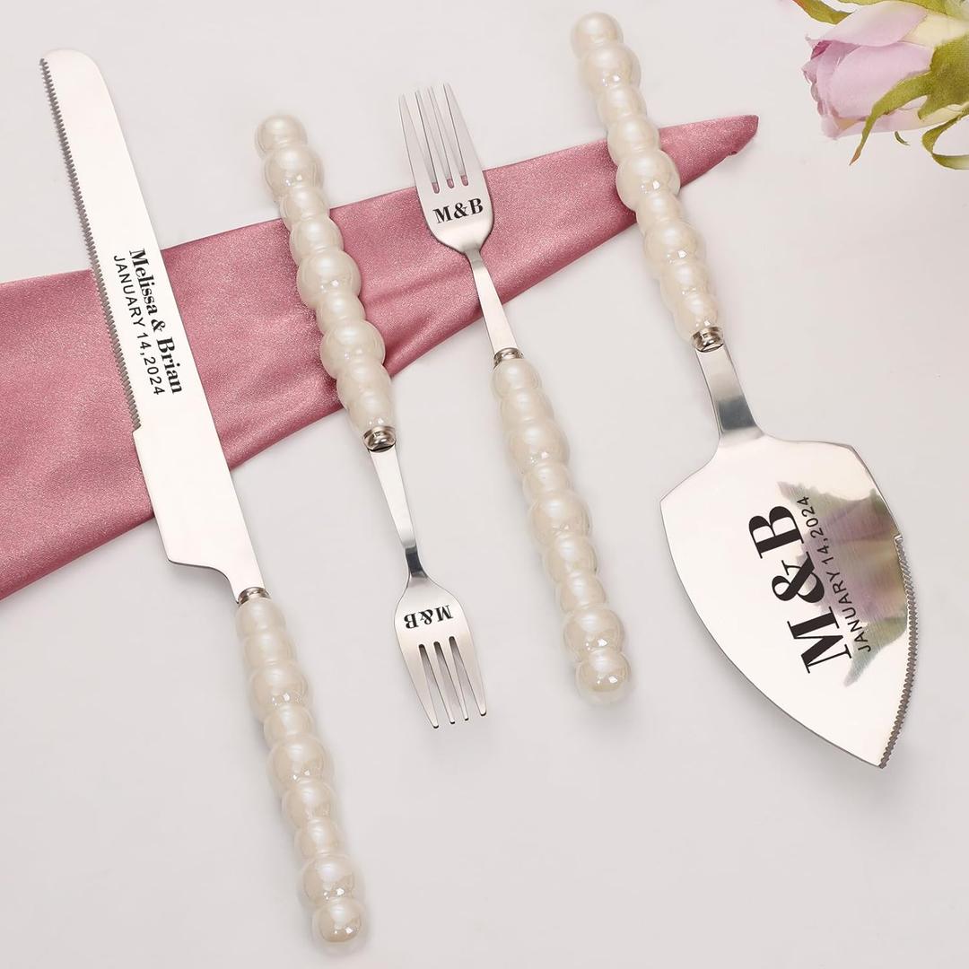 Personalized Cake Cutting Set with Forks, Pearl Cake Knife and Server Set Stainless Steel Serrated Edges, Silver Pie Cutter Pizza Spatula, Gift for Bridal Wedding Engagement Birthday