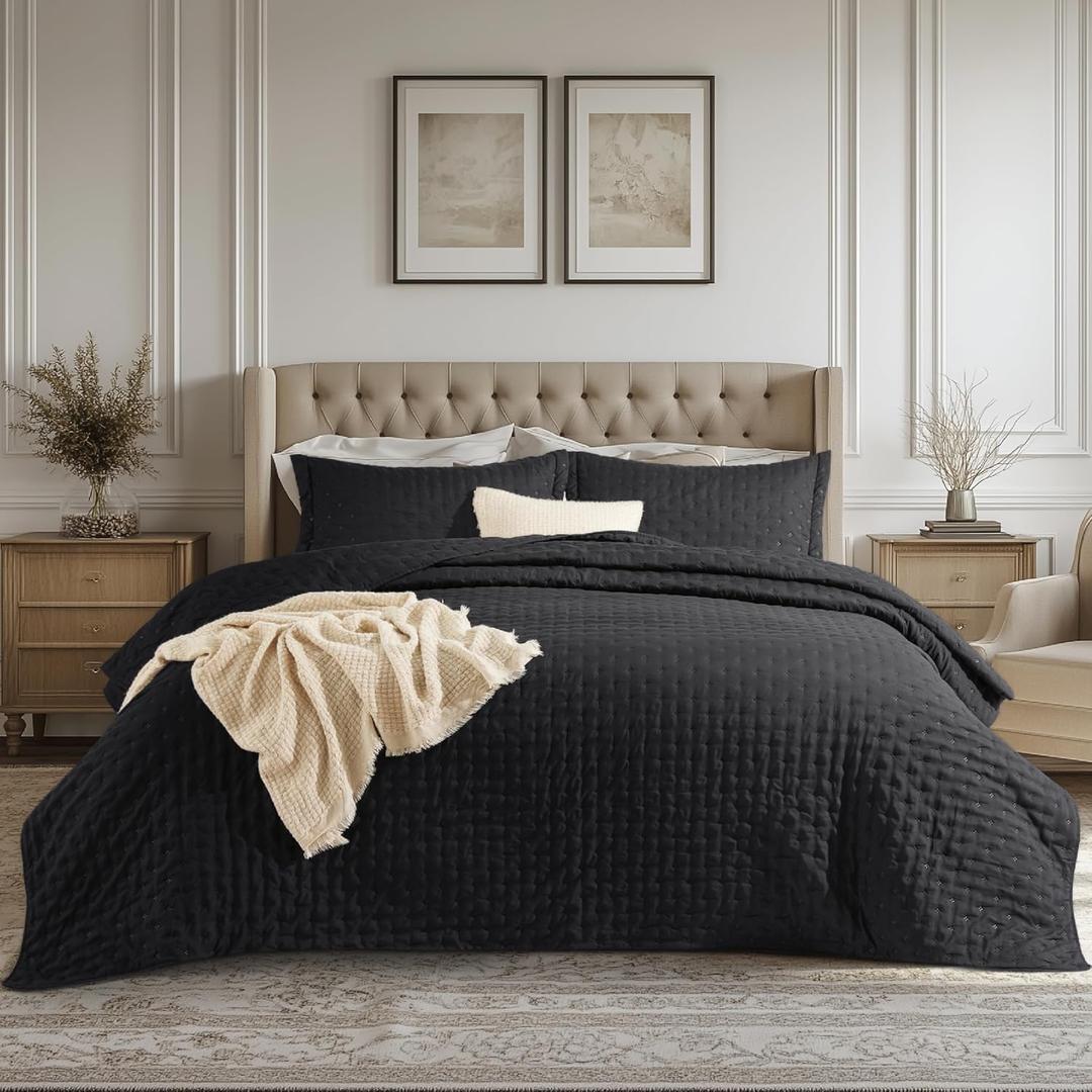 Queen Quilt Bedding Set - Microfiber Quilt Sets for Queen Bed, 3-Piece Lightweight Bedspreads,Reversible Coverlets Rustic Bedlinen Sets, Floral Bedding Set All Season Quilts-Black