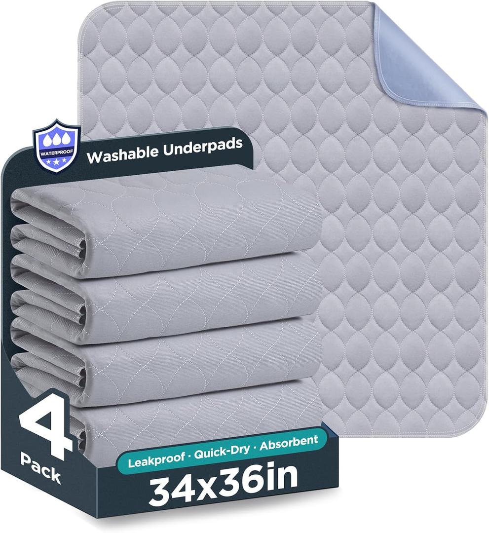 Washable Bed Pads 34" x 36" - 4 Pack, Grey, Waterproof Bed Pads for Incontinence, Bed Wetting Pads for Bed, Sofa, Floor, Resuable Underpads for Adults, Seniors, Pet (Gray)