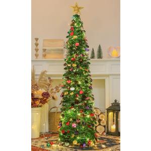 HMASYO 6 FT Pop Up Christmas Tree with Timer Lights, Green Christmas Tinsel Tree, Collapsible Artificial Pencil Christmas Tree for Indoor Home Apartment Porch Holiday Party Decorations