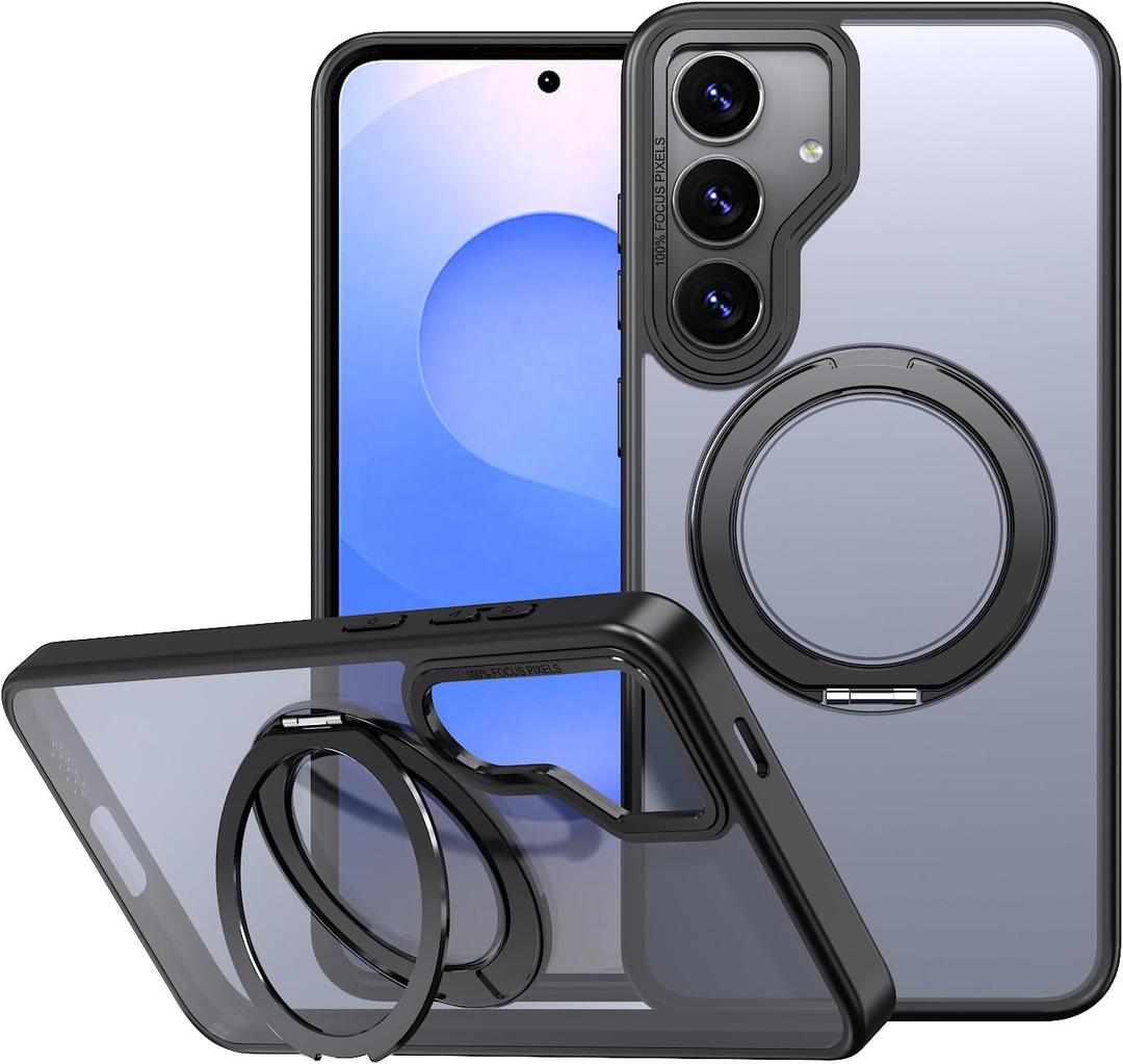 for Samsung Galaxy S25 Ultra Case with Ring Stand, Translucent Samsung S25 Ultra Case, Clear Galaxy S25 Ultra Case Fit for Magsafe, Anti-Print & Shcokproof & Anti-Slip Case for Men Women(Black)
