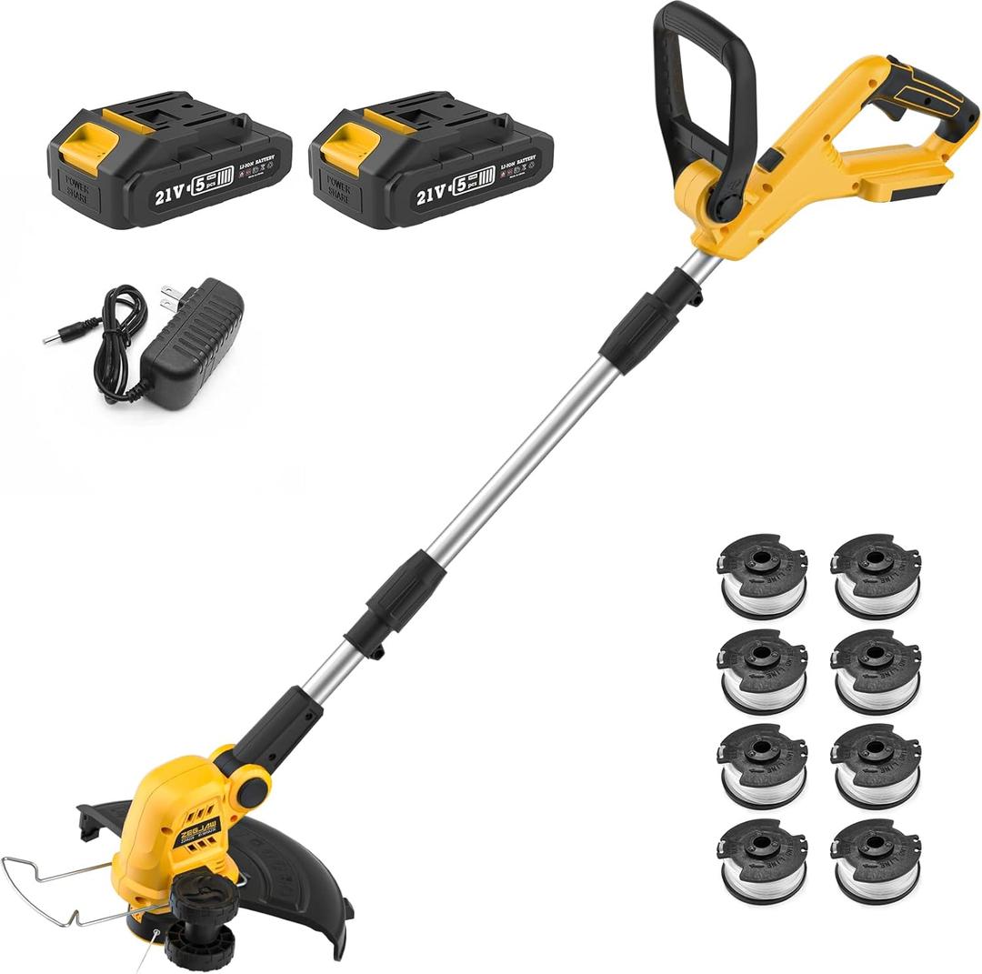 Cordless String Trimmer and Edger, 12 Inch 20V Weed Wacker Battery Operated Lawn Edger with 8 Pcs Replace Spool Trimmer Lines - 2 Batteries & Charger Included