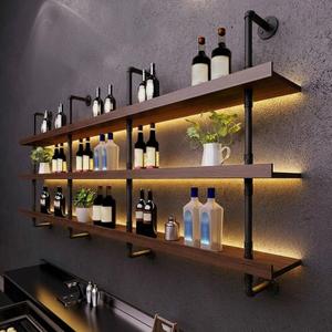 Solid Wood Wine Racks Wall Mounted with LED Lights, Modern Metal Wine Bottles Display Shelf, Industrial Iron Floating Lighted Bar Liquor Whiskey Shelves Rack for Home & Dining Room(120CM/47.2IN)