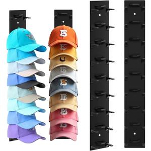 Hat Organizer for Baseball Caps, 2 Pack Hat Rack for Wall Hold up to 18 Hats Strong Adhesive Hat Hooks Stand Multilayer Hat Hanger Organizer Storage Holder Display for Door Closet Bedroom (Black)