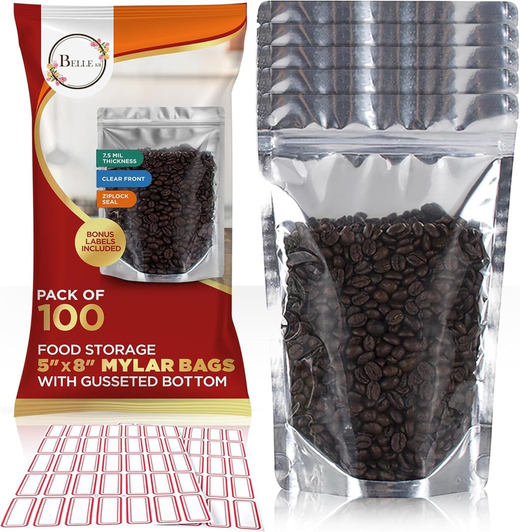 BELLE KR 5x8 Mylar Bags with Window Stand Up - Pack Of 100, 7.5mil Thick - Clear Front Pint Mylar Bags for Food Storage and Freeze Dried Candy - Bonus Labels Included