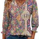 Rapbin 3/4 Length Sleeve Womens Tops Summer Trendy Puff-Sleeve V-Neck Blouses Dressy Casual Textured Smocked T-Shirt 2XL