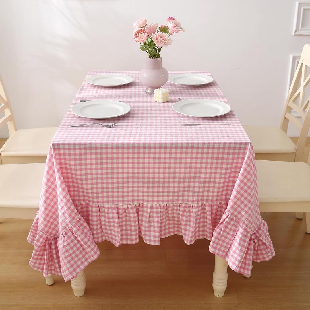 Pink White Plaid Ruffled Table Cloth Rectangular, 100% Washed Cotton Buffet Cottage Coquette Checker Gingham Vintage Decorative Tablecloth - 120"x60"