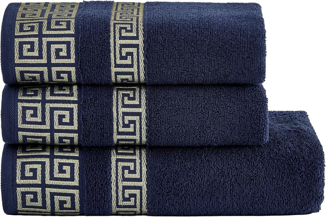 Luxury 3 Piece Greek Key Towel Set - 1 Bath Towels, 2 Hand Towels, 100% Cotton Highly Absorbent Embroidered Bath Towel Set, Navy Blue Towel Set GR0103