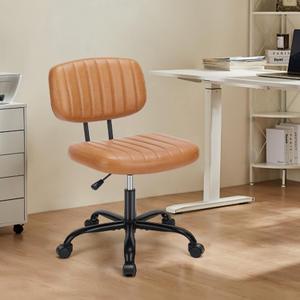 PU Leather Home Office Chair Armless with Wheels, Adjustable Height Rolling Work 360 Swivel Comfy Computer Desk Chairs with Low Back Lumbar Support for Makeup Bedroom, Chestnut, 1.51 ft x 1.36 ft x 2.85 ft