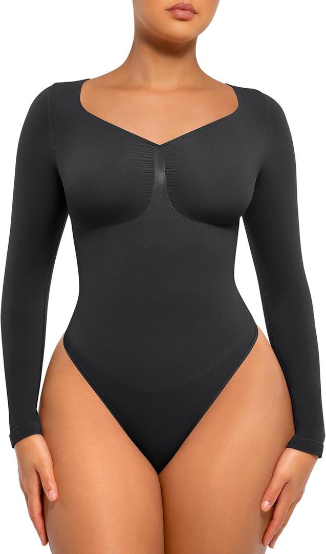 FeelinGirl Women's Long Sleeve Bodysuit for Tummy Control Seamless Body Suits Thong V Neck Going Out Tops (X-Large, Black)