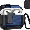 Valkit Compatible Airpods 3rd Generation Case with Lock Clip, Carbon Fiber Hard Shell AirPods 3 Case Cover with Keychain for Men Women Cool Shockproof Protective Case for Air Pods 3rd Gen, Black/Blue