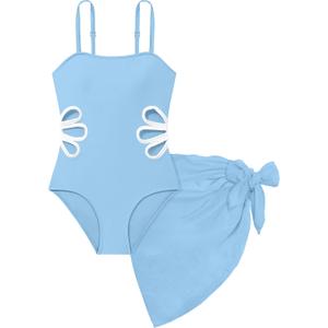 Girls Swimsuit Adjustable Straps Cut Out One Piece Bathing Suit with Solid Color Cover Up Skirt Girls' Swimwear 5-16Y (9-10 Years, Light Blue-1)