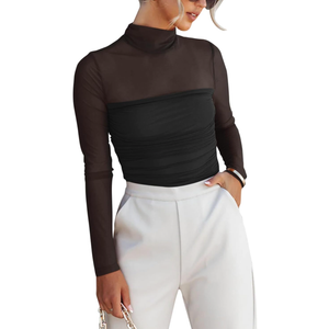 REORIA Women’s Trendy Sexy Mock Turtle Neck Long Sleeve Sheer Mesh Ruched Going Out Bodysuits Tops M
