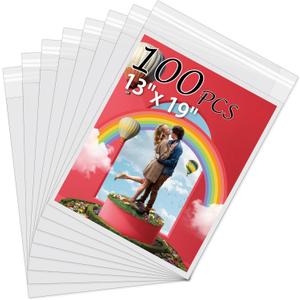 Acid-Free Picture Sleeves, 100 Pack Crystal Clear Storage Bags for 13x19 Art Prints, Pictures, Photos, Frame Mats (Bag Size: 13 2/5" x19 1/2")