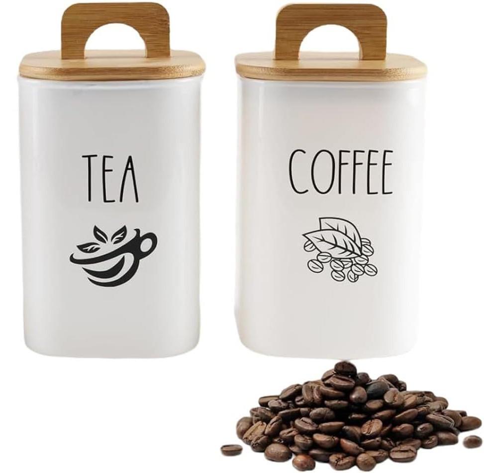 Yomjarl Coffee Tea Sugar Container Set, Canister Sets for Kitchen Counter, Airtight Glass Creamer Jars with Bamboo Lid and Handle, Food Storage Containers for Coffee Bar Station, Counter, Countertop