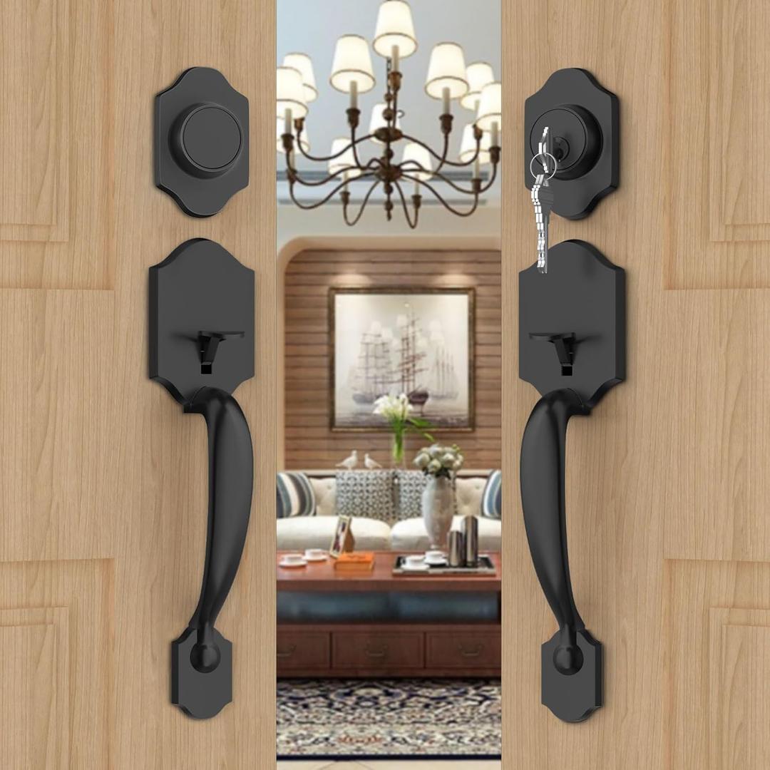Goldenwarm Double Front Door Lock Set, Black Double Door Handle with Dummy, Double Classic Front Door Hardware Set with Reversible Wave Handle Lever, Matte Black Double Entry Door Lock Set (1 Pack)