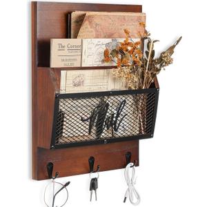 Farmhouse Mail Organizer Wall Mounted Rustic Mail Holder Hanging Key Sorter with 3 Hooks Indoor Wooden Wall Mounted, Letter, Magazines, Newspapers, Keys(Dark Brown)