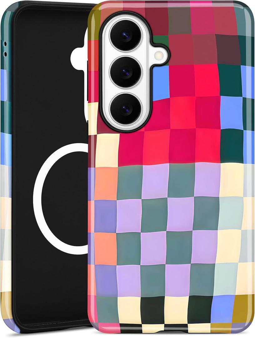 Compatible with MagSafe Checkered Phone Case for Samsung Galaxy S26 Ultra, Cute Aesthetic Checkerboard Magnetic Soft TPU and Hard PC Protective Phone Cover for Women Girls - Colorful