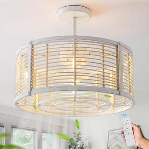 20 Inch Boho Caged Ceiling Fan with Light,White Rattan Ceiling Fan with Light and Remote Control,Coastal Enclosed Fandelier with Reversible 6 Speeds for Bedroom, Dining Room, Living Room, Kitchen