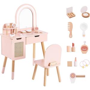 Kids Vanity Set with Lighted Mirror & Pretend Play Accessories, Pink Toddler Makeup Table and Chair Set with Storage Drawer, Princess Dressing Table for Little Girls Ages 3+, 23.6"L x 11.5"W x 36.2"H