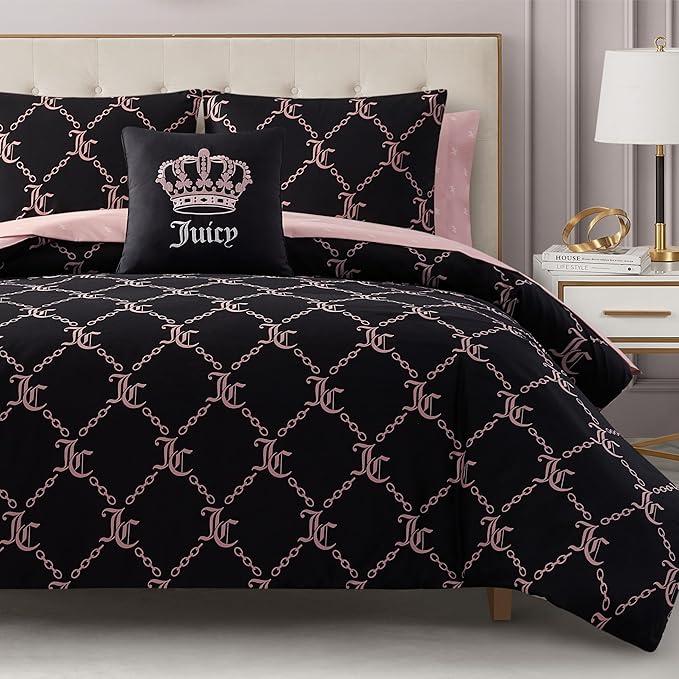 Juicy Couture Black Link Logo Printed Comforter Set, King – Complete 8-Piece Bed in a Bag Collection