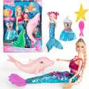 Yellow River Mermaid Princess Doll with Little Mermaid and Pink Dolphin Playset, Blonde Hair Mermaid Toys with Accessories, Gift for 3 to 7 Year Old Girls